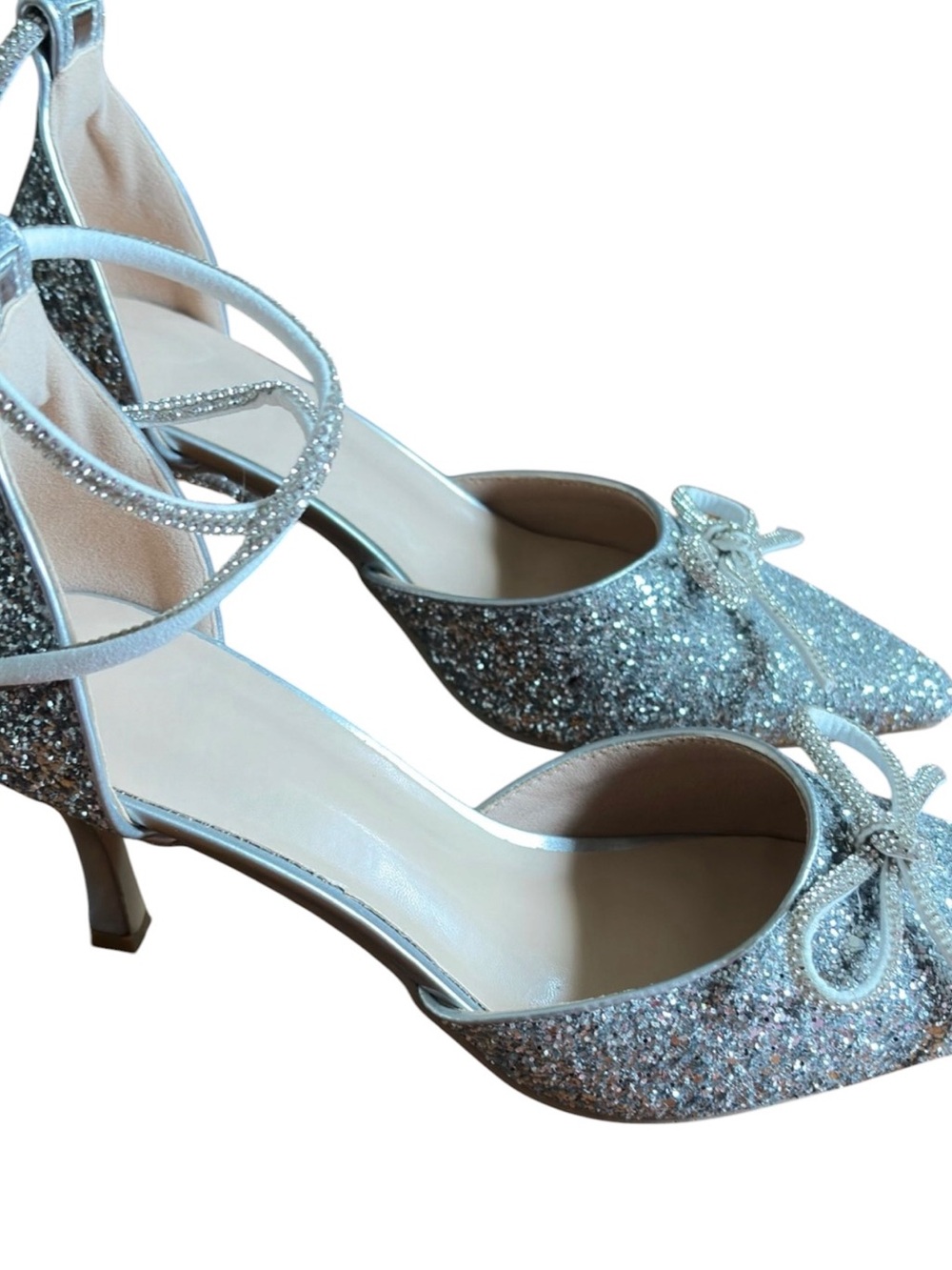 SHEIN Silver Glitter Pointed-Toe Ankle-Strap Heels with Bow - Picture 2 of 11